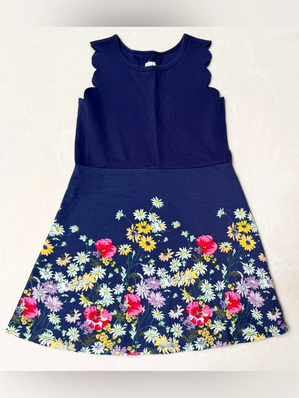 GAP Kids Girls Size Small (6-7) Navy Floral Sleeveless Scallop-Shoulder Dress